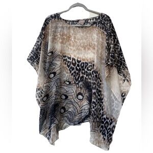 Chicos Poncho L/Xl Boho Art To Wear Lightweight Caftan Top Peacock Kimono Resort